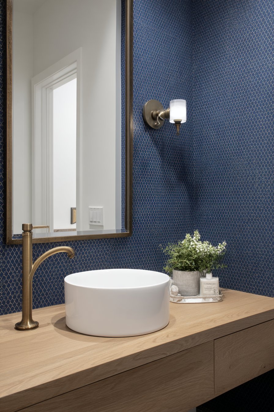 Powder Room Drama with Navy Wallpaper