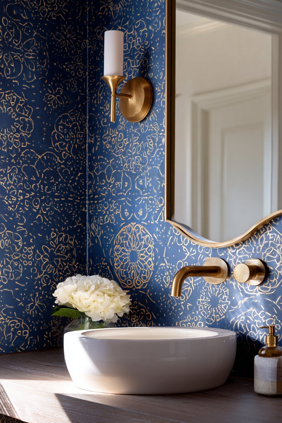 Powder Room Drama with Navy Wallpaper