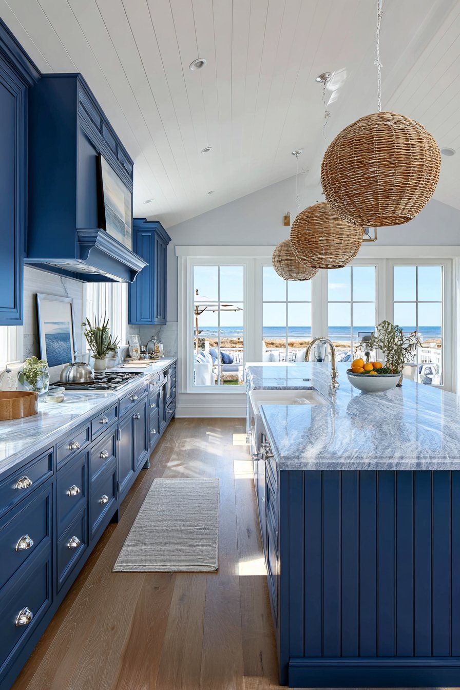Coastal-Inspired Two-Tone Design with Navy Blue Kitchen Cabinets