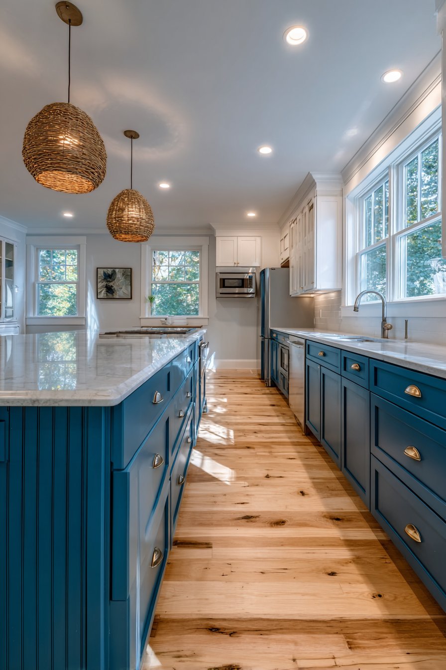 Coastal-Inspired Two-Tone Design with Navy Blue Kitchen Cabinets