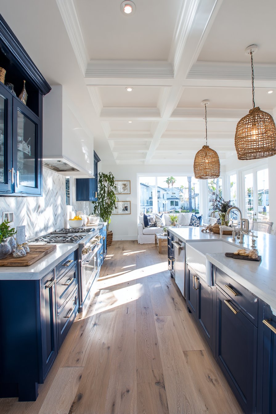 Coastal-Inspired Two-Tone Design with Navy Blue Kitchen Cabinets