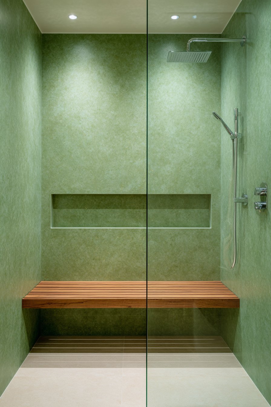Contemporary Wet Room with Olive Green Concrete-Look Tiles