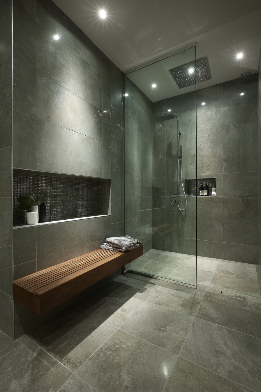 Contemporary Wet Room with Olive Green Concrete-Look Tiles