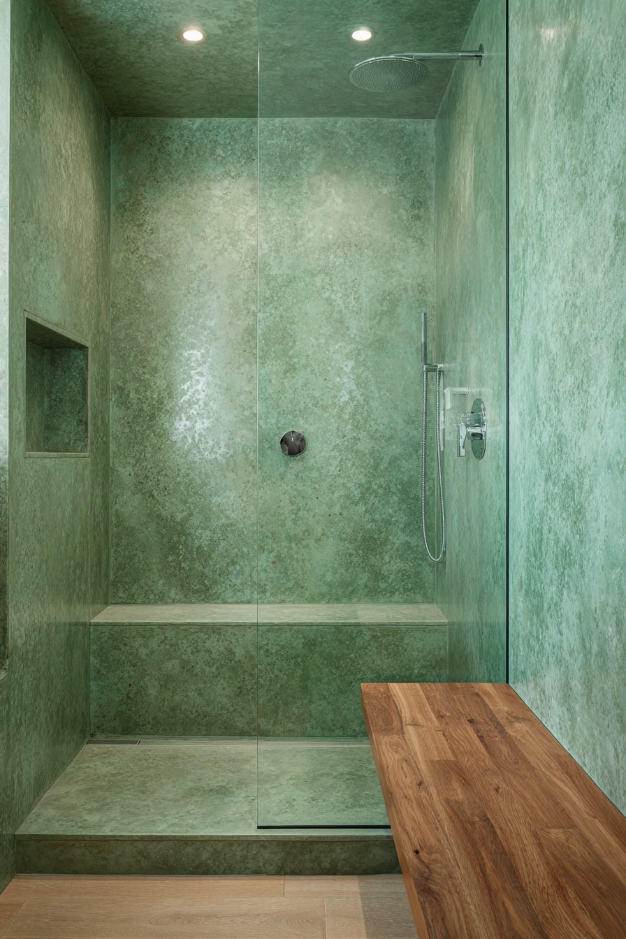 Contemporary Wet Room with Olive Green Concrete-Look Tiles