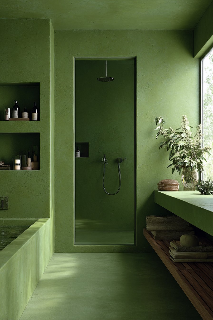 Contemporary Wet Room with Olive Green Concrete-Look Tiles
