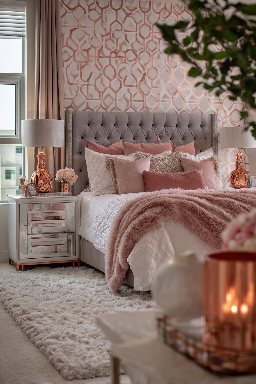 Statement Wall Drama with Geometric Rose Gold Patterns