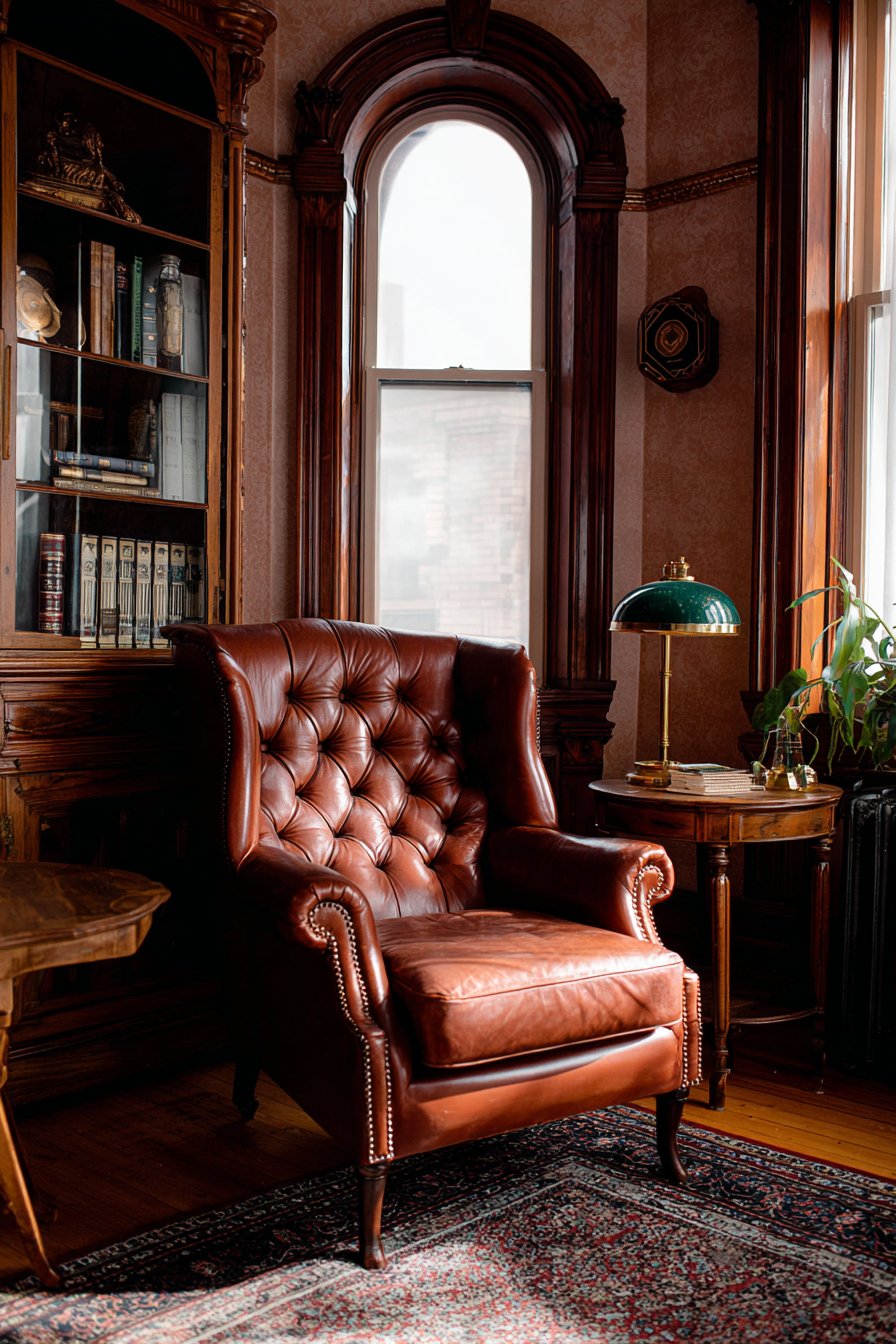  Cozy Reading Corner with Cognac Leather and Brass Accents