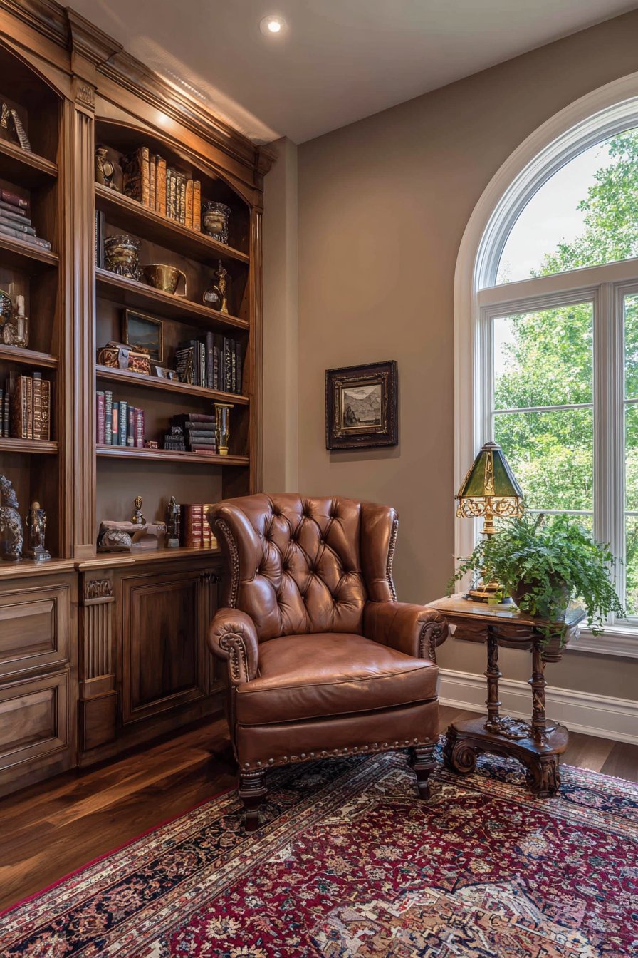  Cozy Reading Corner with Cognac Leather and Brass Accents