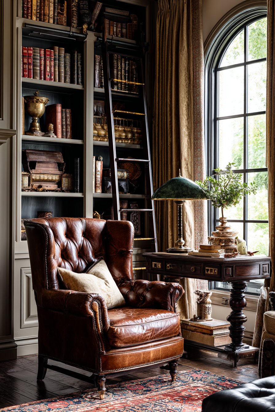  Cozy Reading Corner with Cognac Leather and Brass Accents