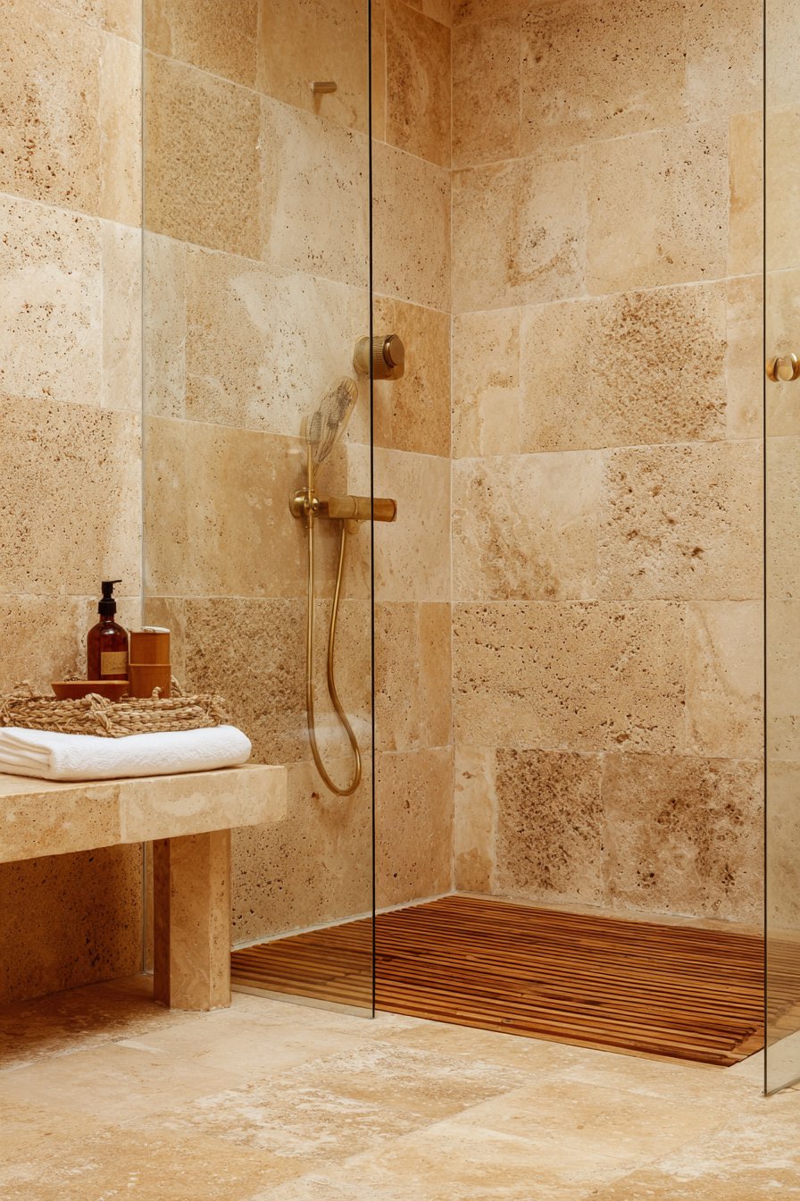  Wet Room Design with Warm Beige Travertine