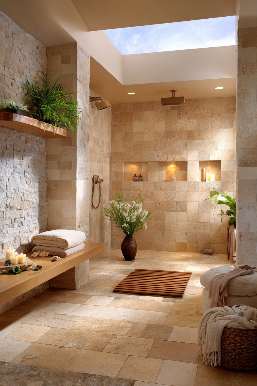  Wet Room Design with Warm Beige Travertine