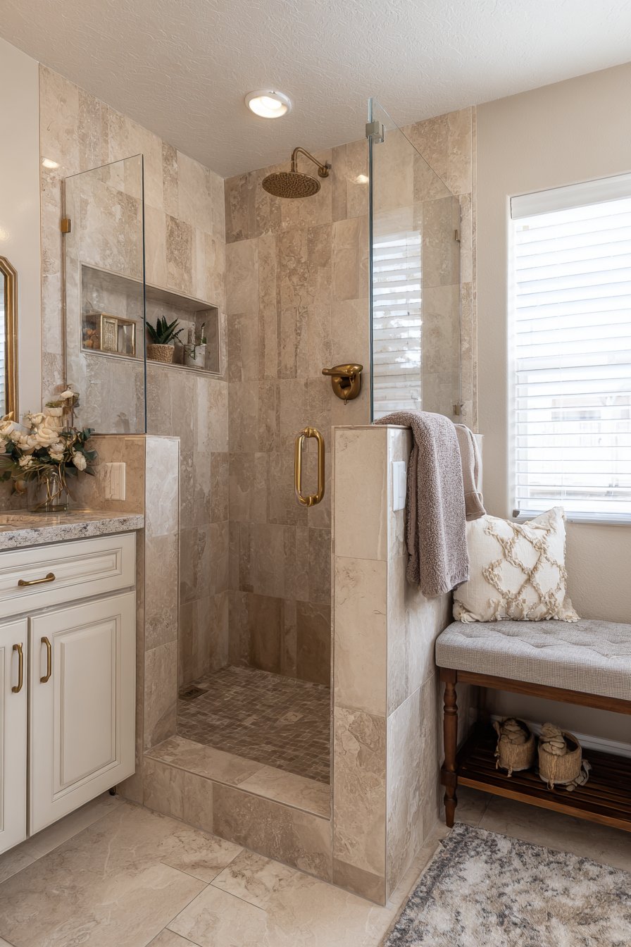  Wet Room Design with Warm Beige Travertine