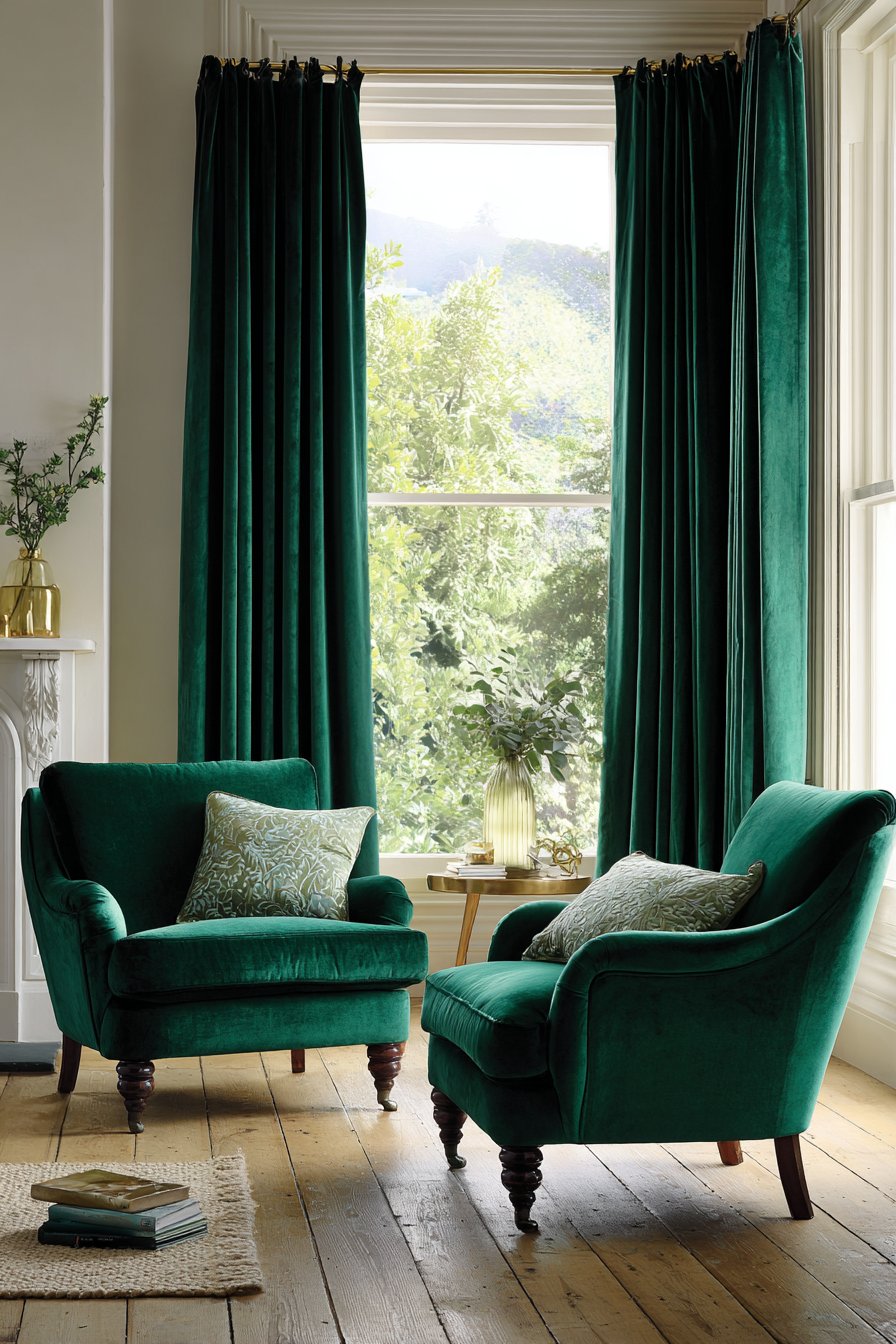 Elegant Window Drama with Bottle Green Velvet Curtains