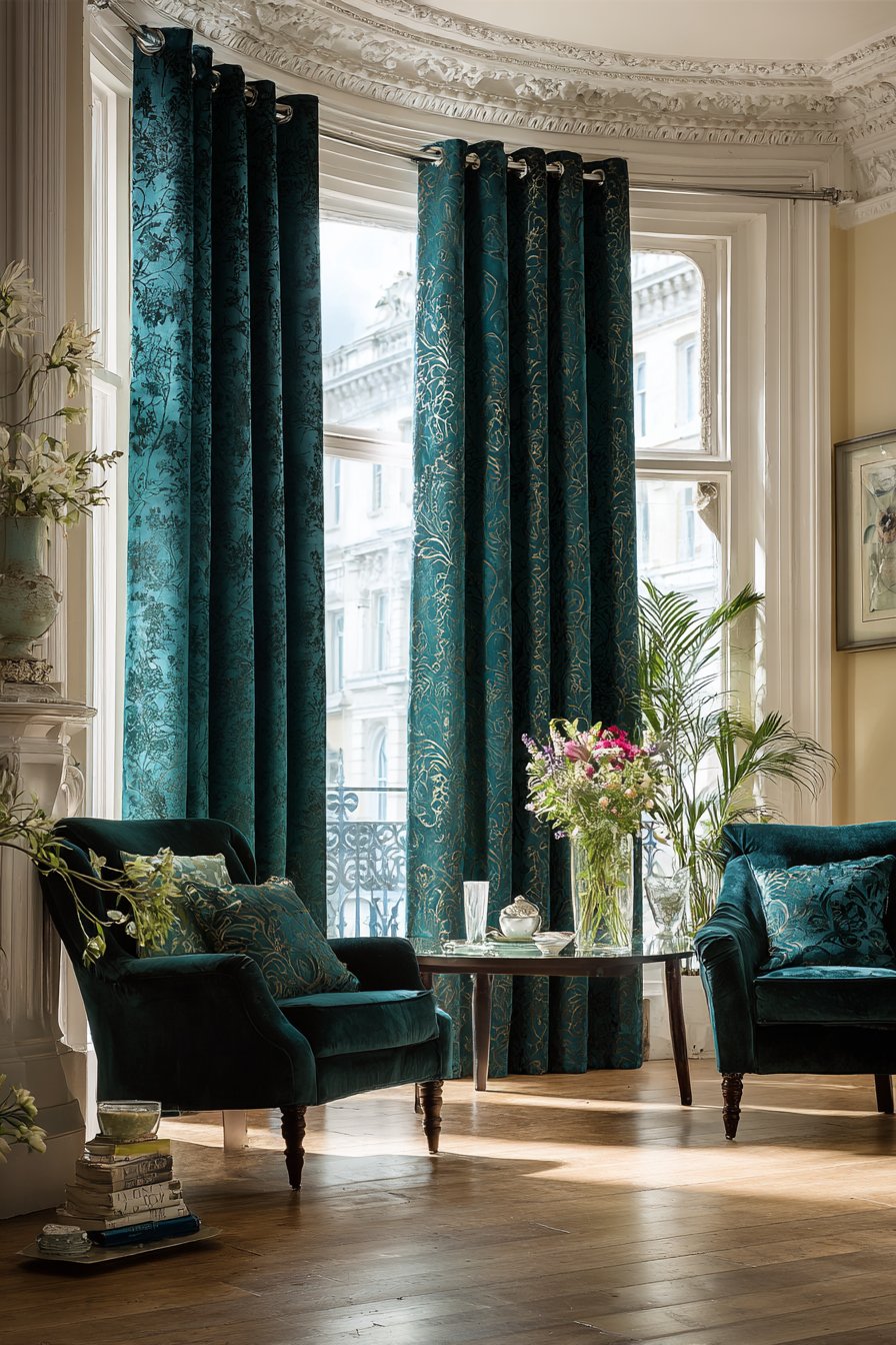 Elegant Window Drama with Bottle Green Velvet Curtains
