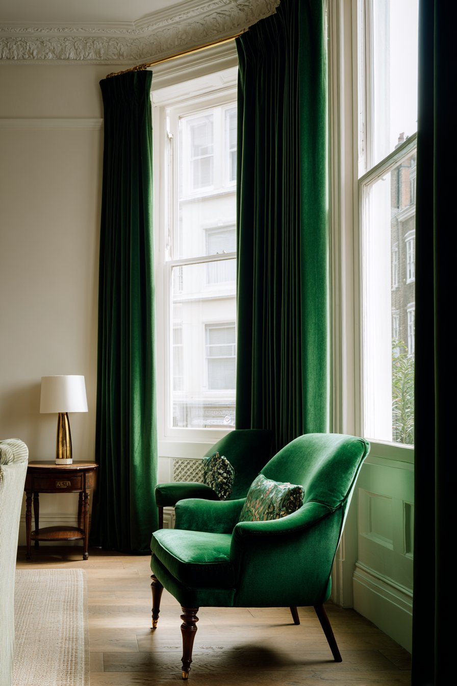 Elegant Window Drama with Bottle Green Velvet Curtains