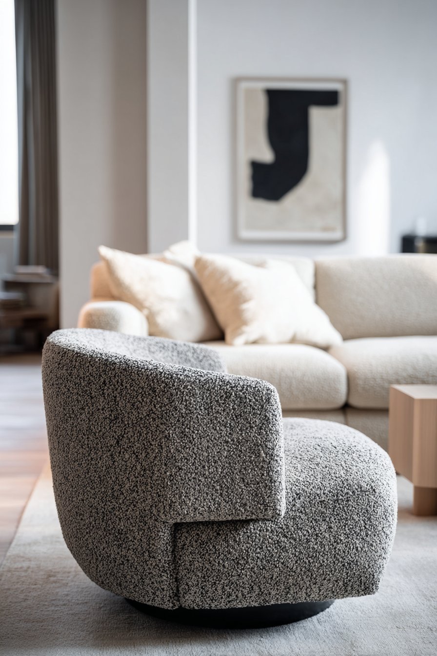 Modern Charcoal Grey Boucle Swivel Chair