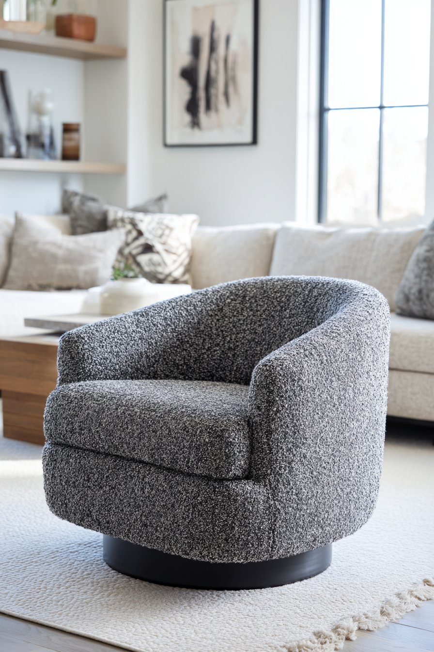 Modern Charcoal Grey Boucle Swivel Chair