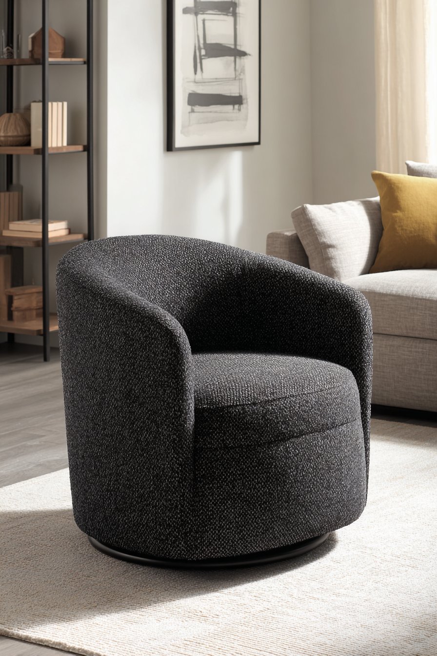 Modern Charcoal Grey Boucle Swivel Chair