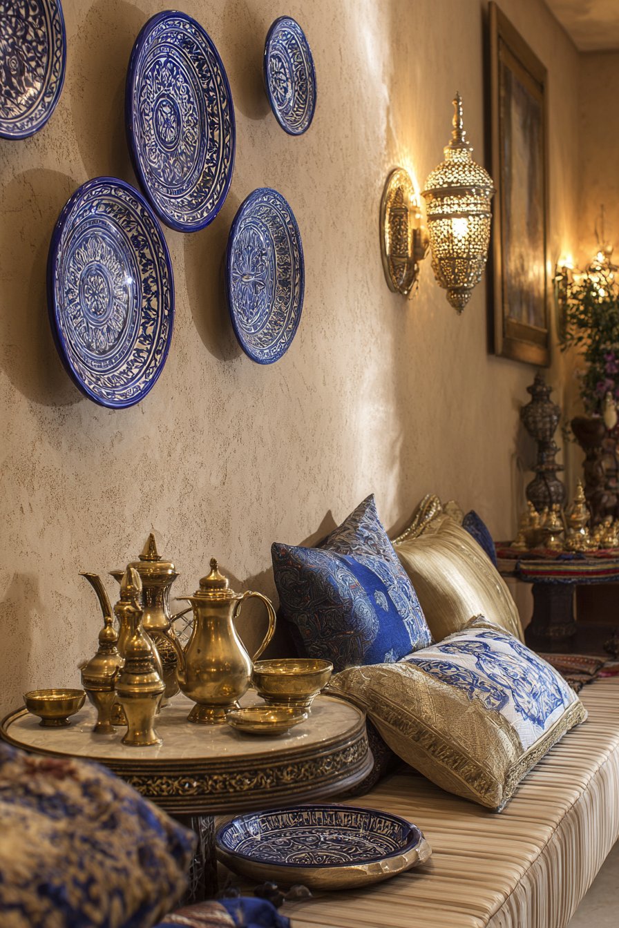 Wall Vignette with Hand-Painted Ceramics and Brass
