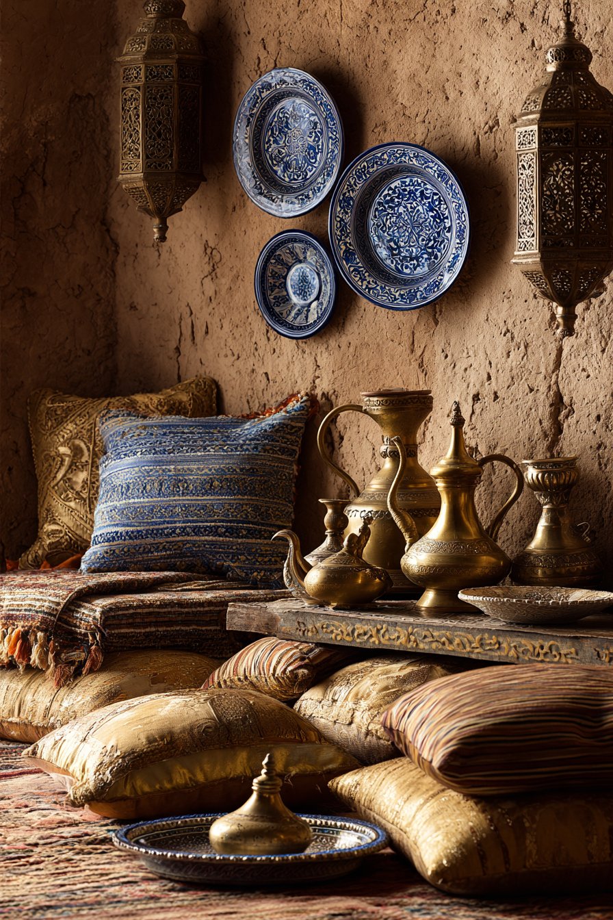 Wall Vignette with Hand-Painted Ceramics and Brass