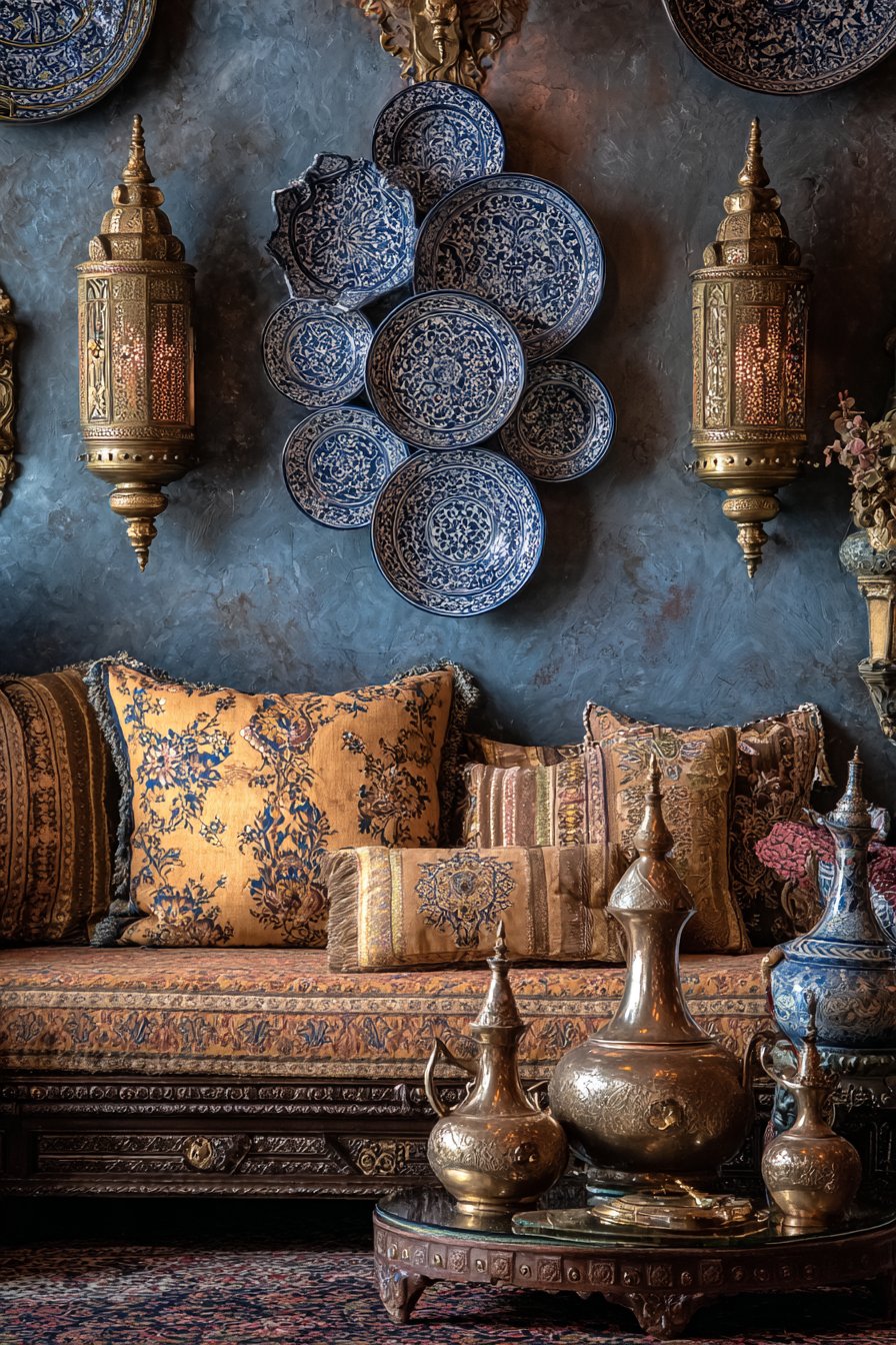Wall Vignette with Hand-Painted Ceramics and Brass