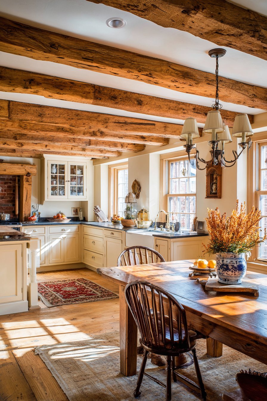 Exposed Beam Ceiling with Farmhouse Table Centerpiece