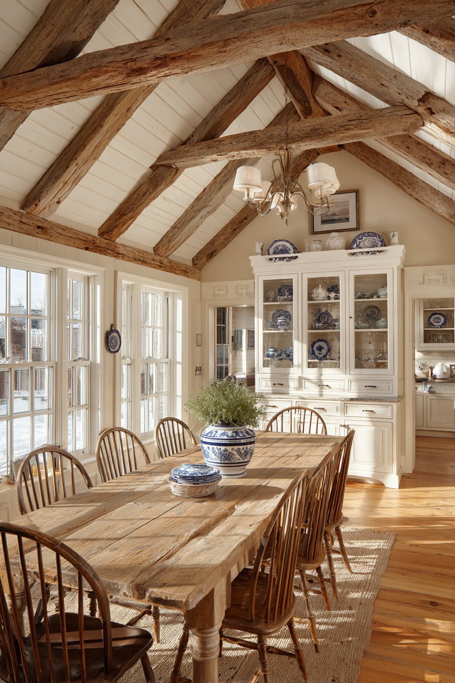 Exposed Beam Ceiling with Farmhouse Table Centerpiece