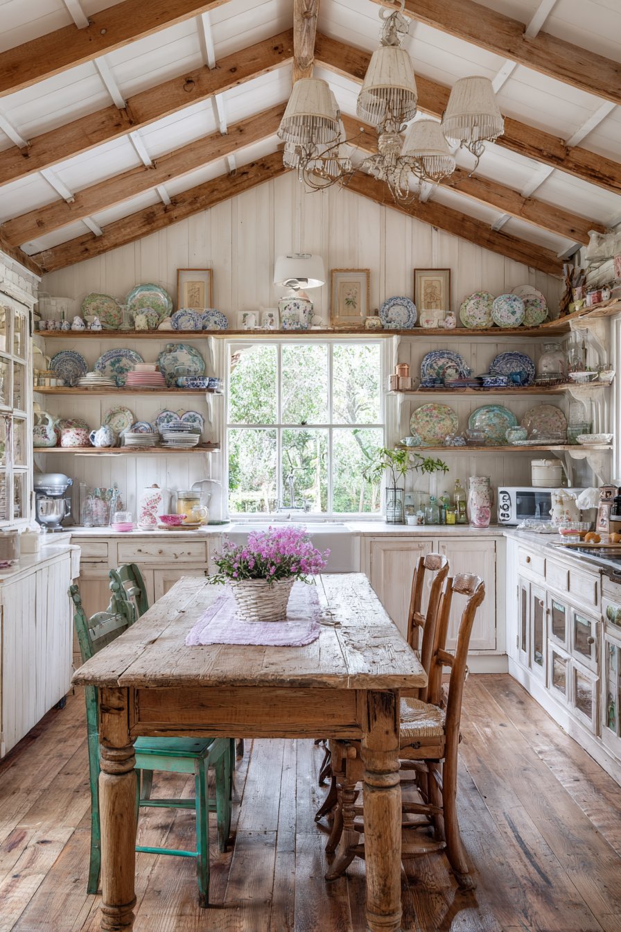 Exposed Beam Ceiling with Farmhouse Table Centerpiece