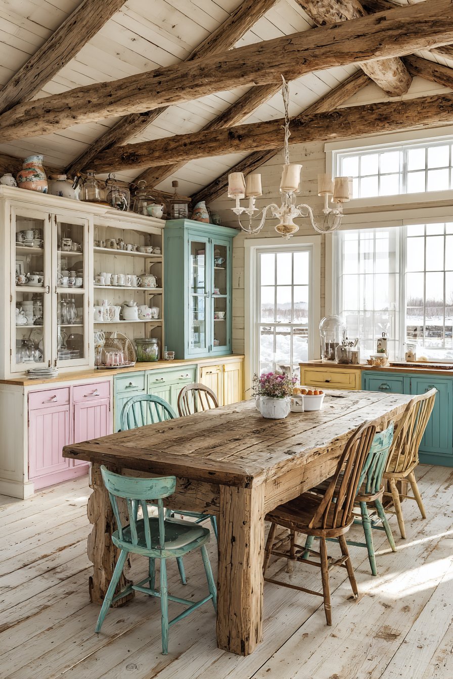 Exposed Beam Ceiling with Farmhouse Table Centerpiece