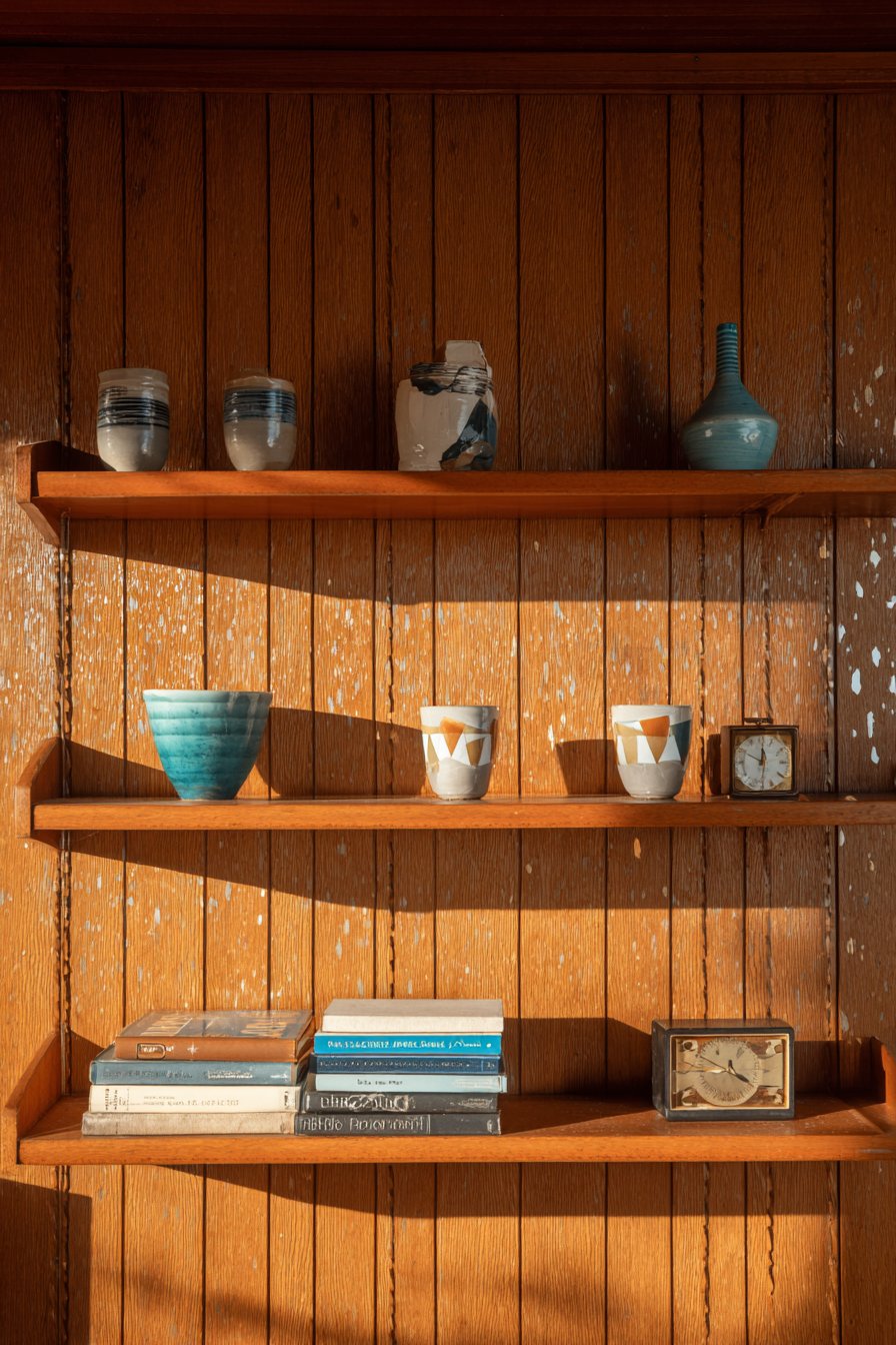Mid-Century Modern Elegance with Teak Floating Shelves