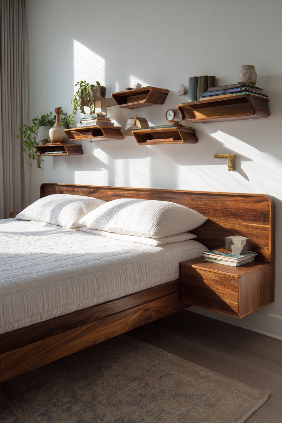 Mid-Century Modern Elegance with Teak Floating Shelves
