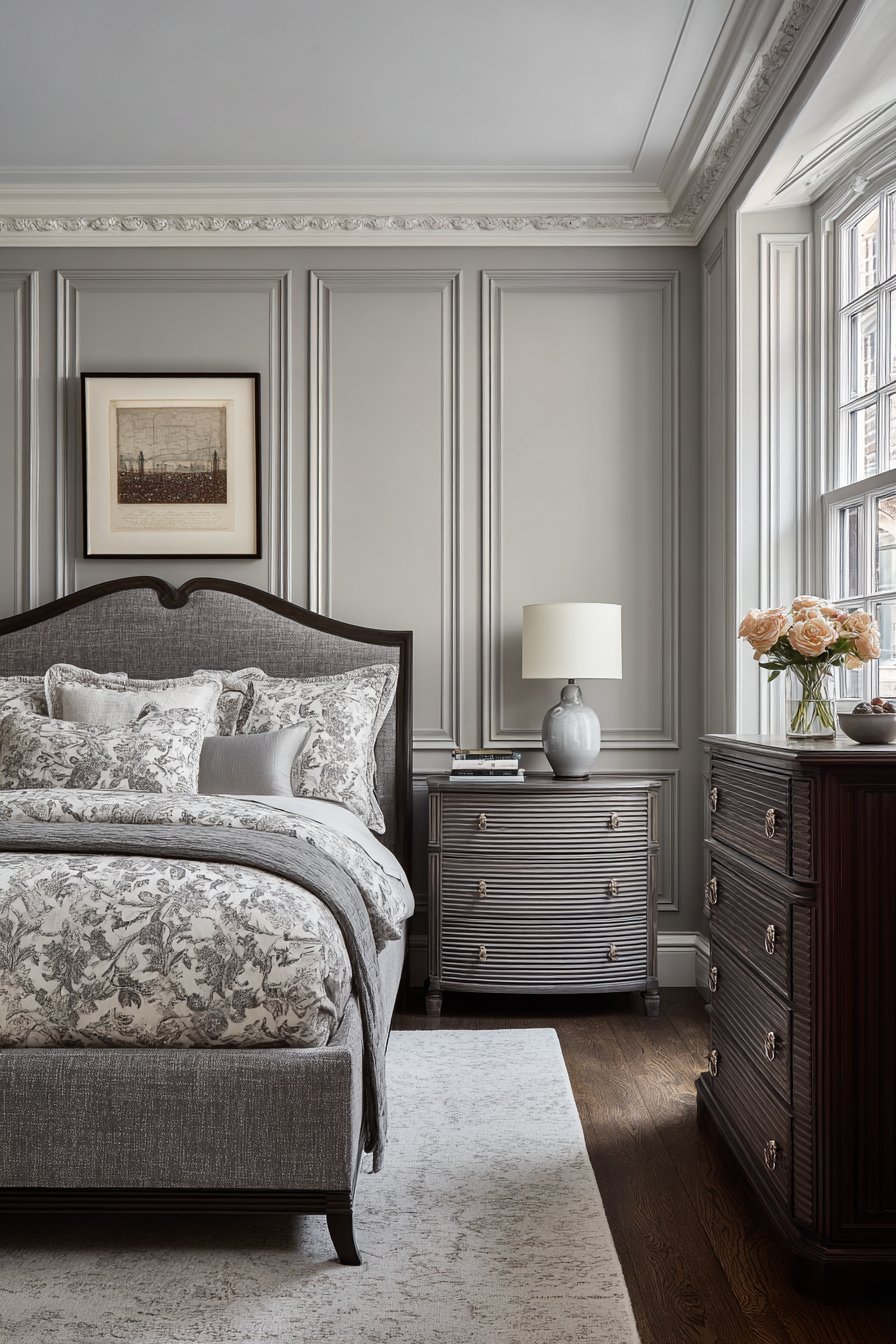 Transitional Grey Bedroom Blending Classic and Modern