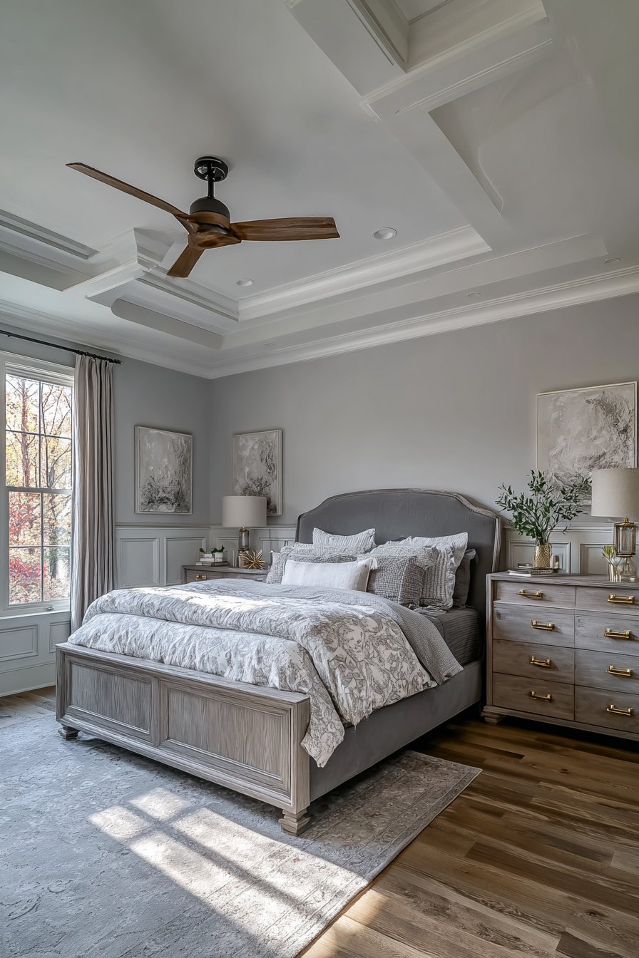 Transitional Grey Bedroom Blending Classic and Modern