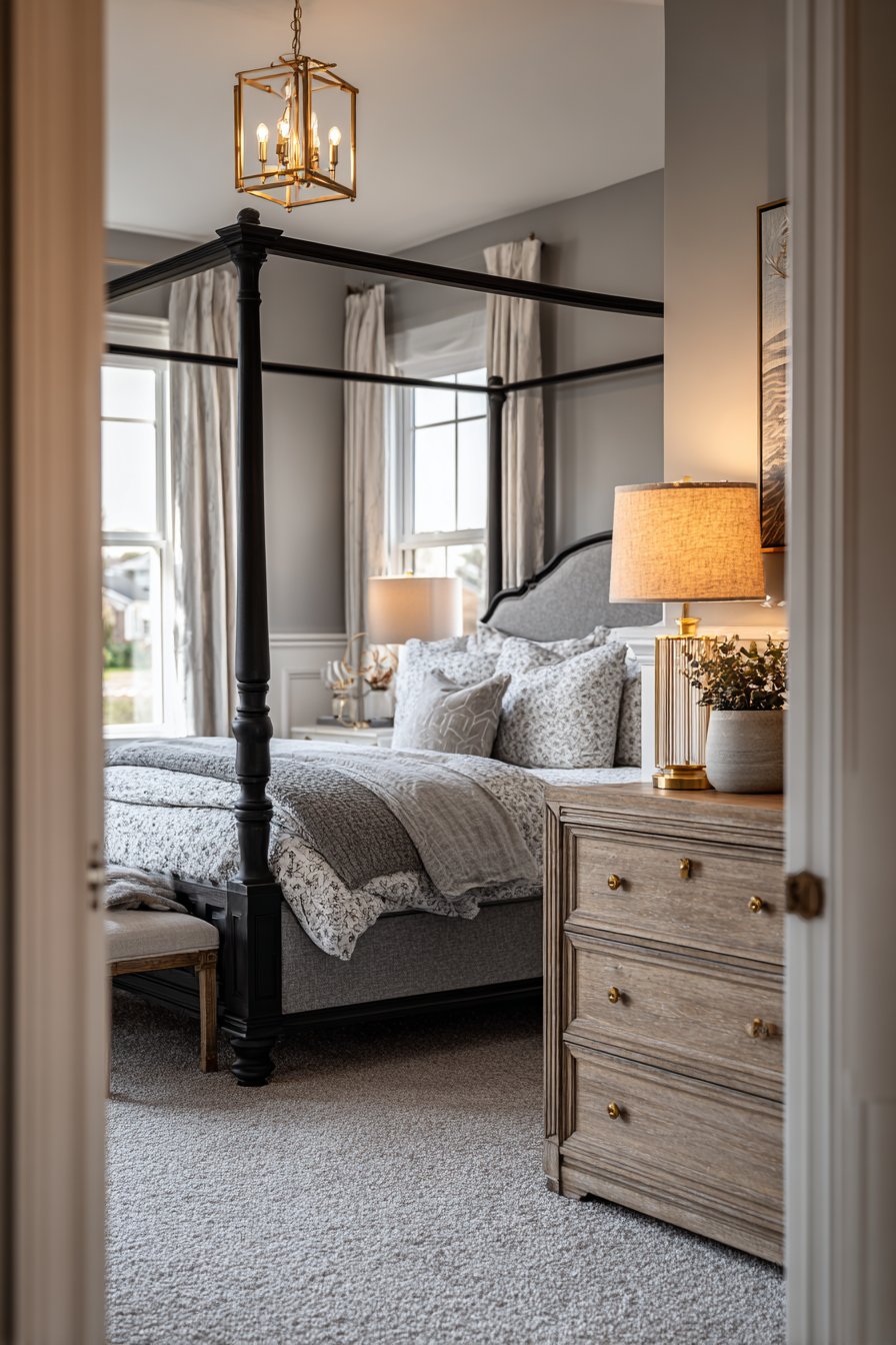 Transitional Grey Bedroom Blending Classic and Modern