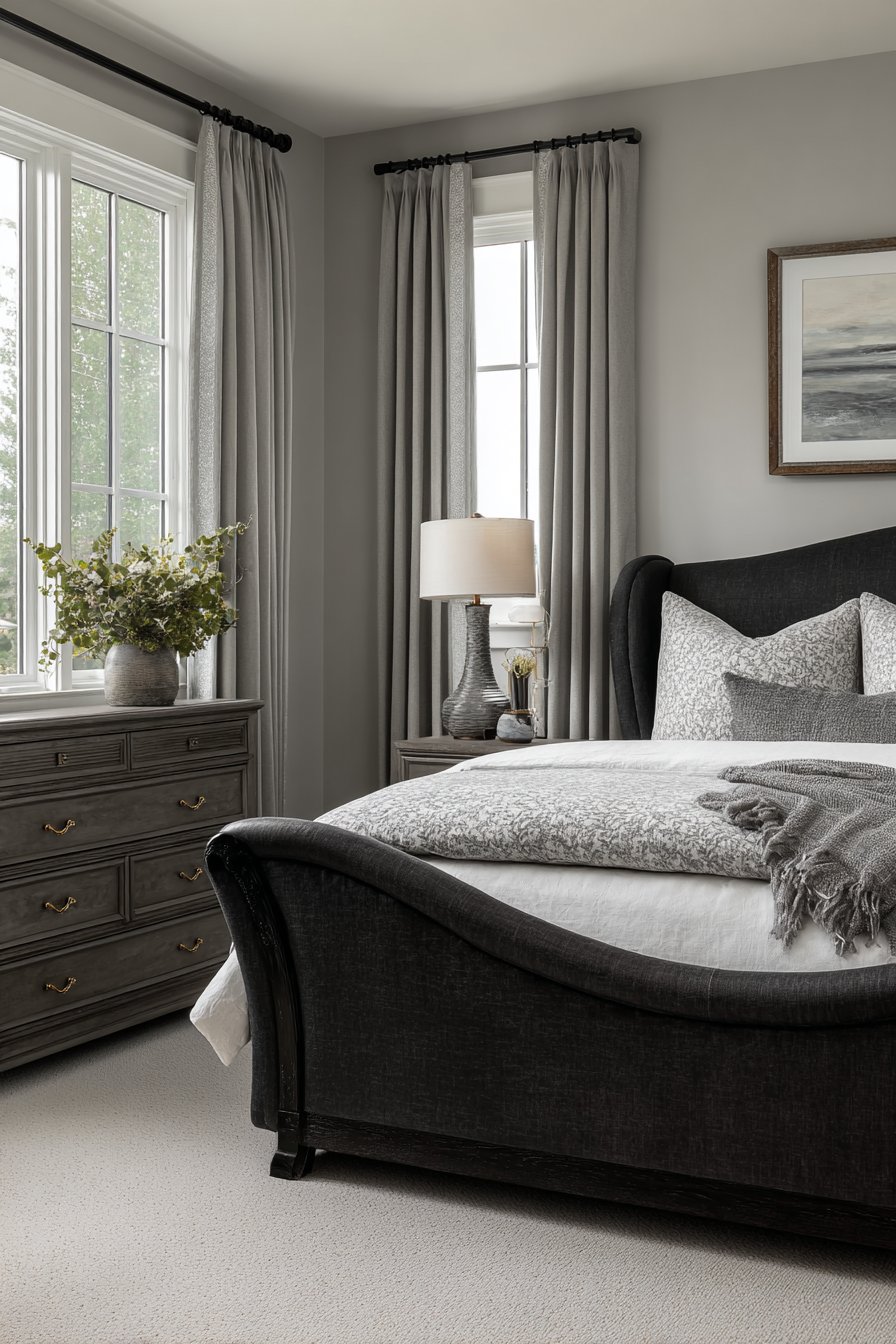 Transitional Grey Bedroom Blending Classic and Modern