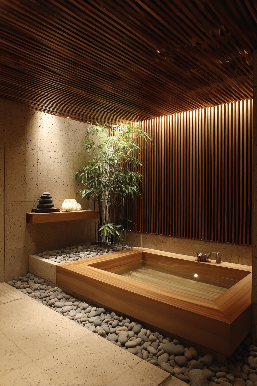 Japanese Hinoki Cypress Soaking Tub with Zen Elements
