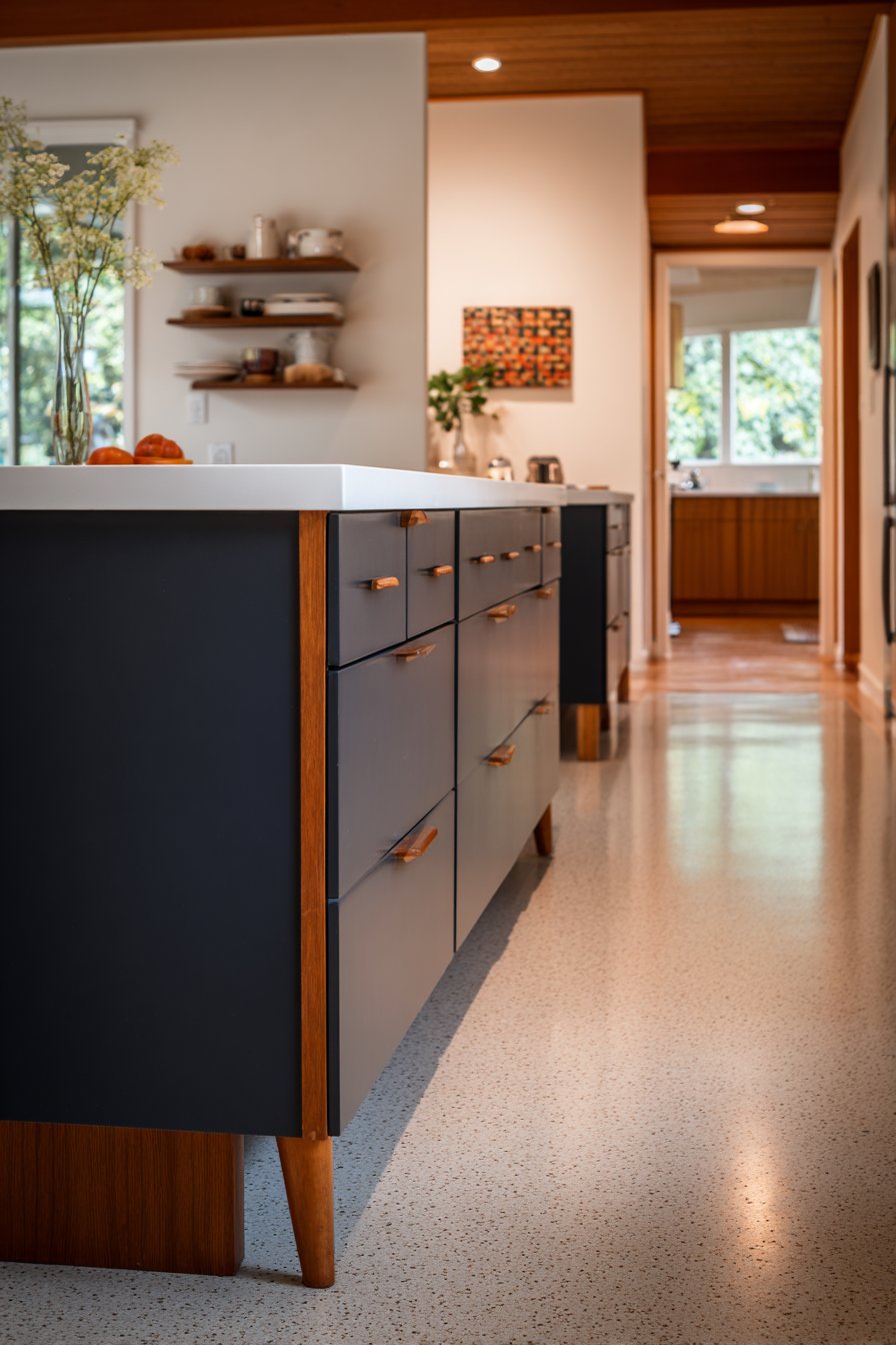 Mid-Century Modern Revival with Navy Blue Kitchen Cabinets
