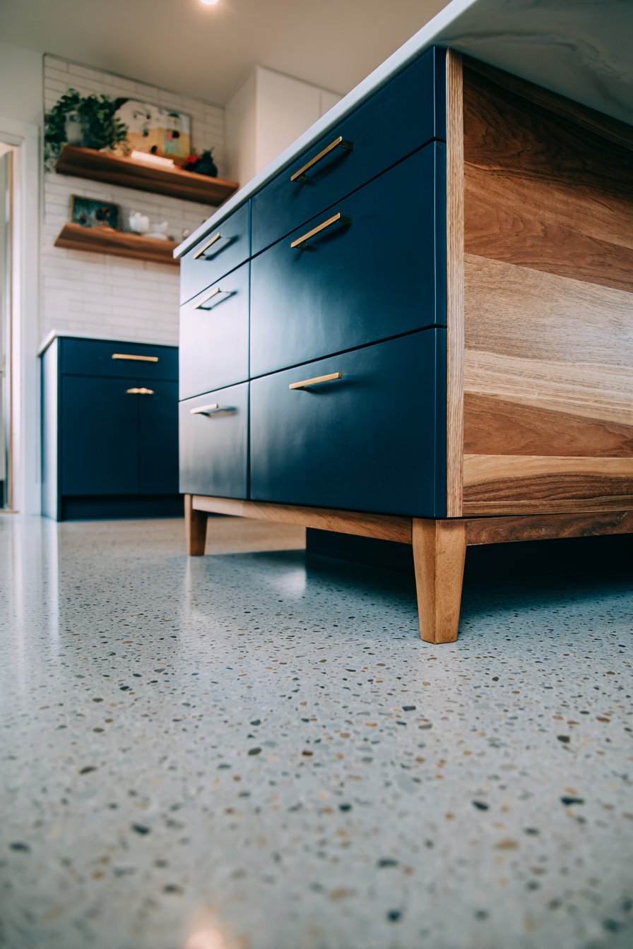 Mid-Century Modern Revival with Navy Blue Kitchen Cabinets