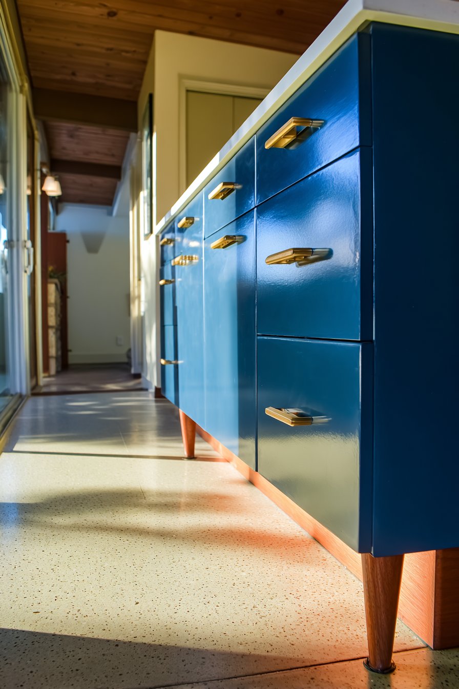 Mid-Century Modern Revival with Navy Blue Kitchen Cabinets