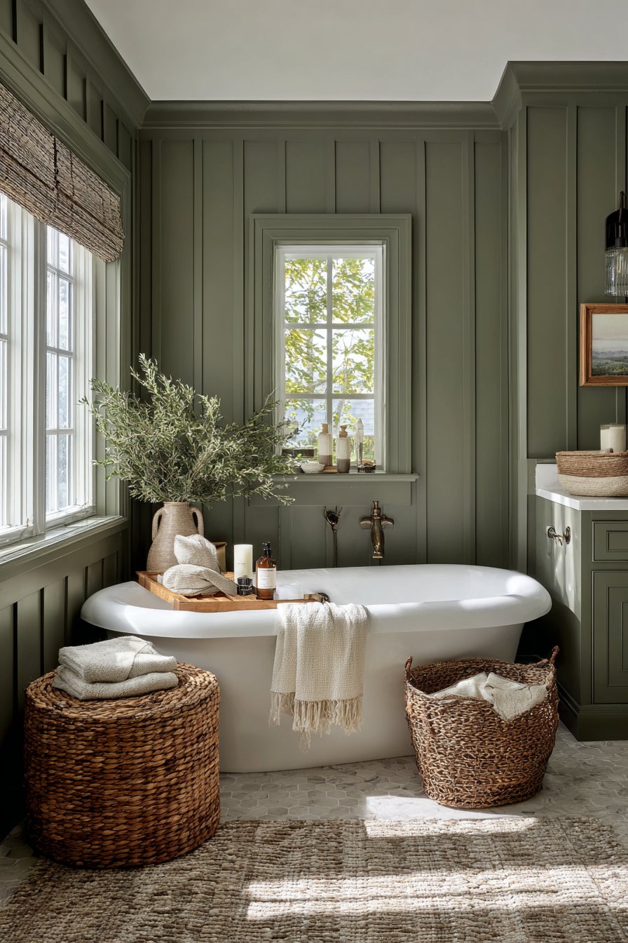Vintage-Inspired Bathroom with Olive Green Shiplap