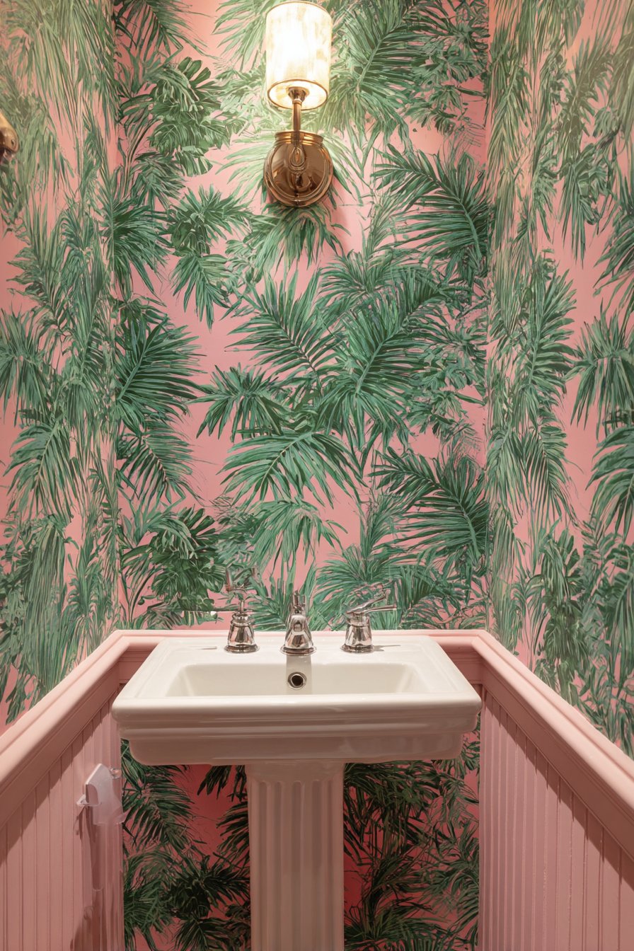 Bold Powder Room with Tropical Leaf Wallpaper