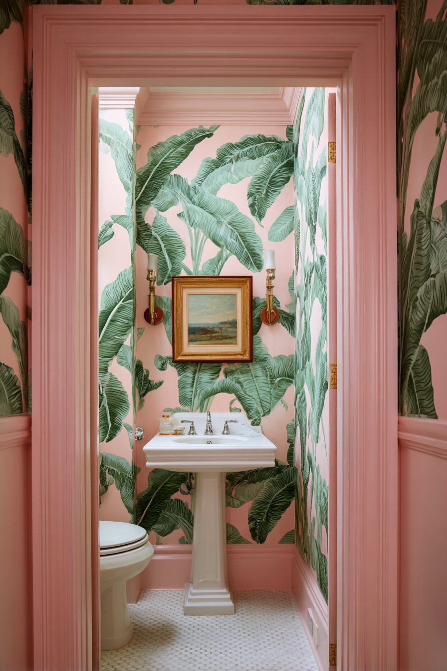 Bold Powder Room with Tropical Leaf Wallpaper