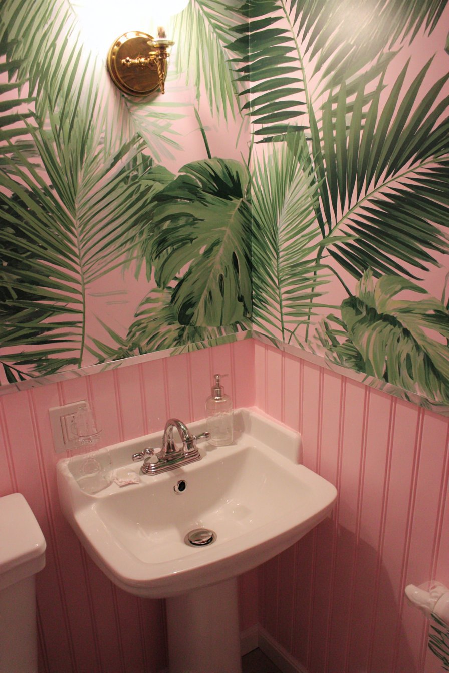 Bold Powder Room with Tropical Leaf Wallpaper