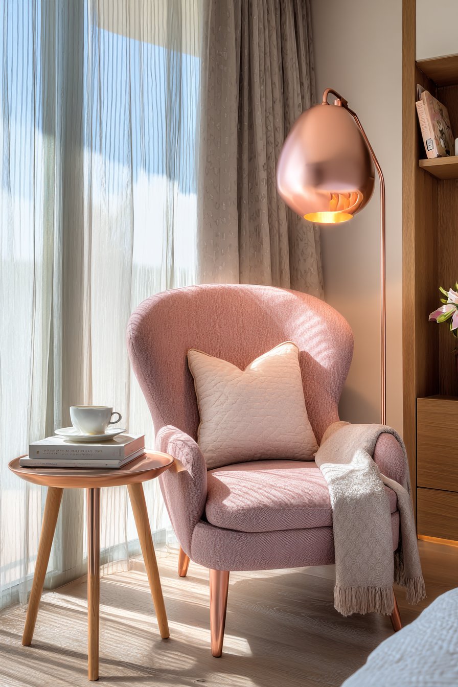 Cozy Reading Sanctuary with Functional Rose Gold Elements
