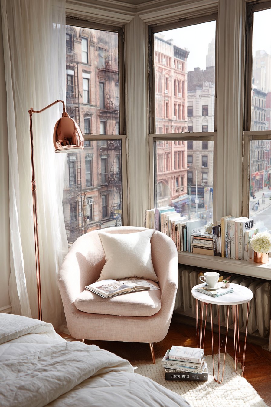 Cozy Reading Sanctuary with Functional Rose Gold Elements
