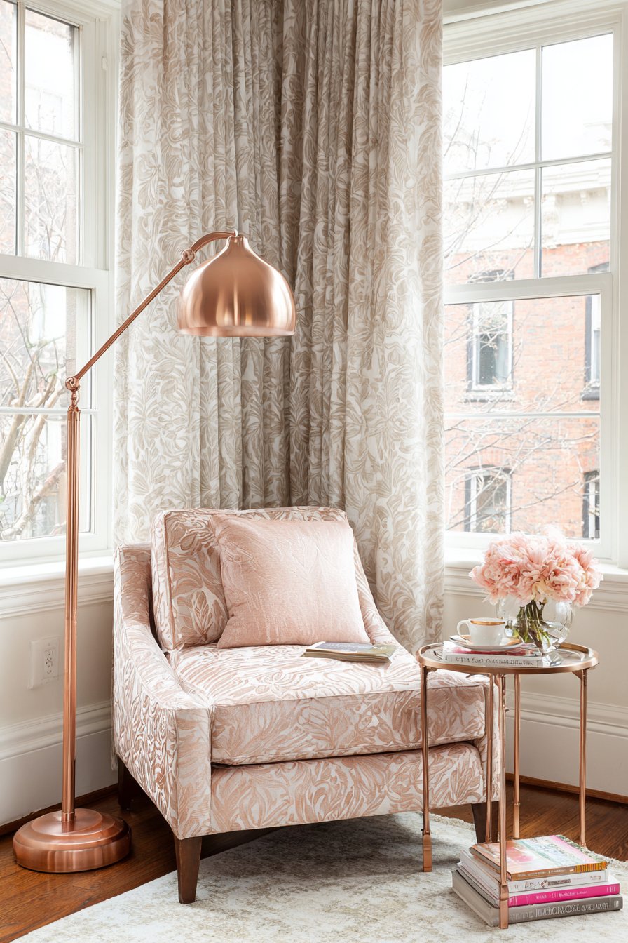 Cozy Reading Sanctuary with Functional Rose Gold Elements