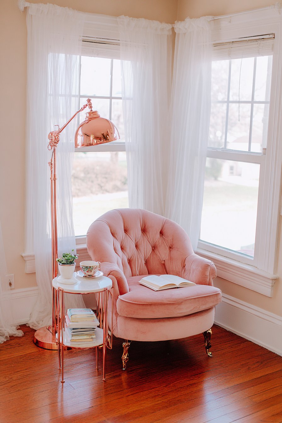 Cozy Reading Sanctuary with Functional Rose Gold Elements