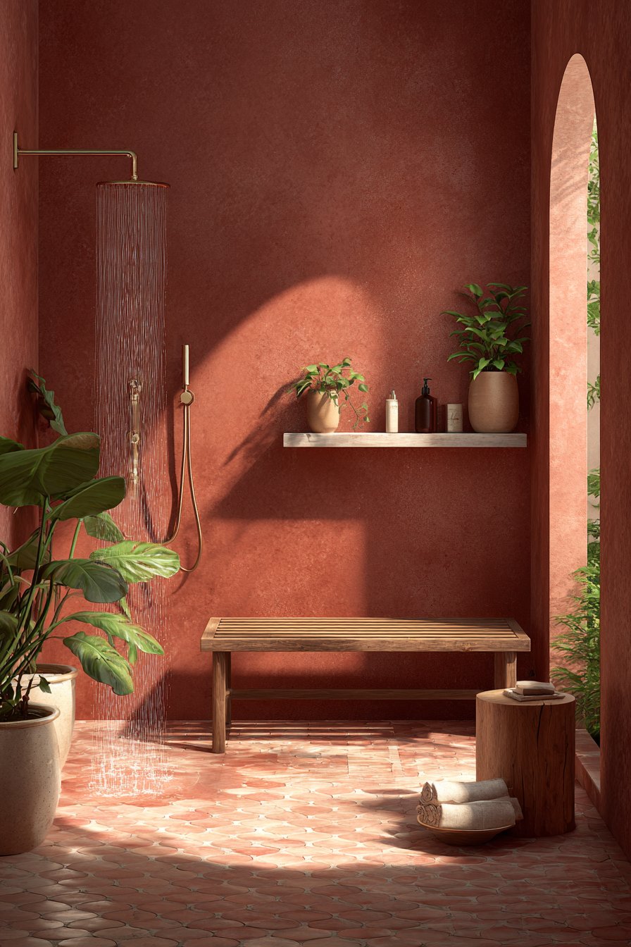 Spa-Inspired Wet Room with Penny Tile Flooring
