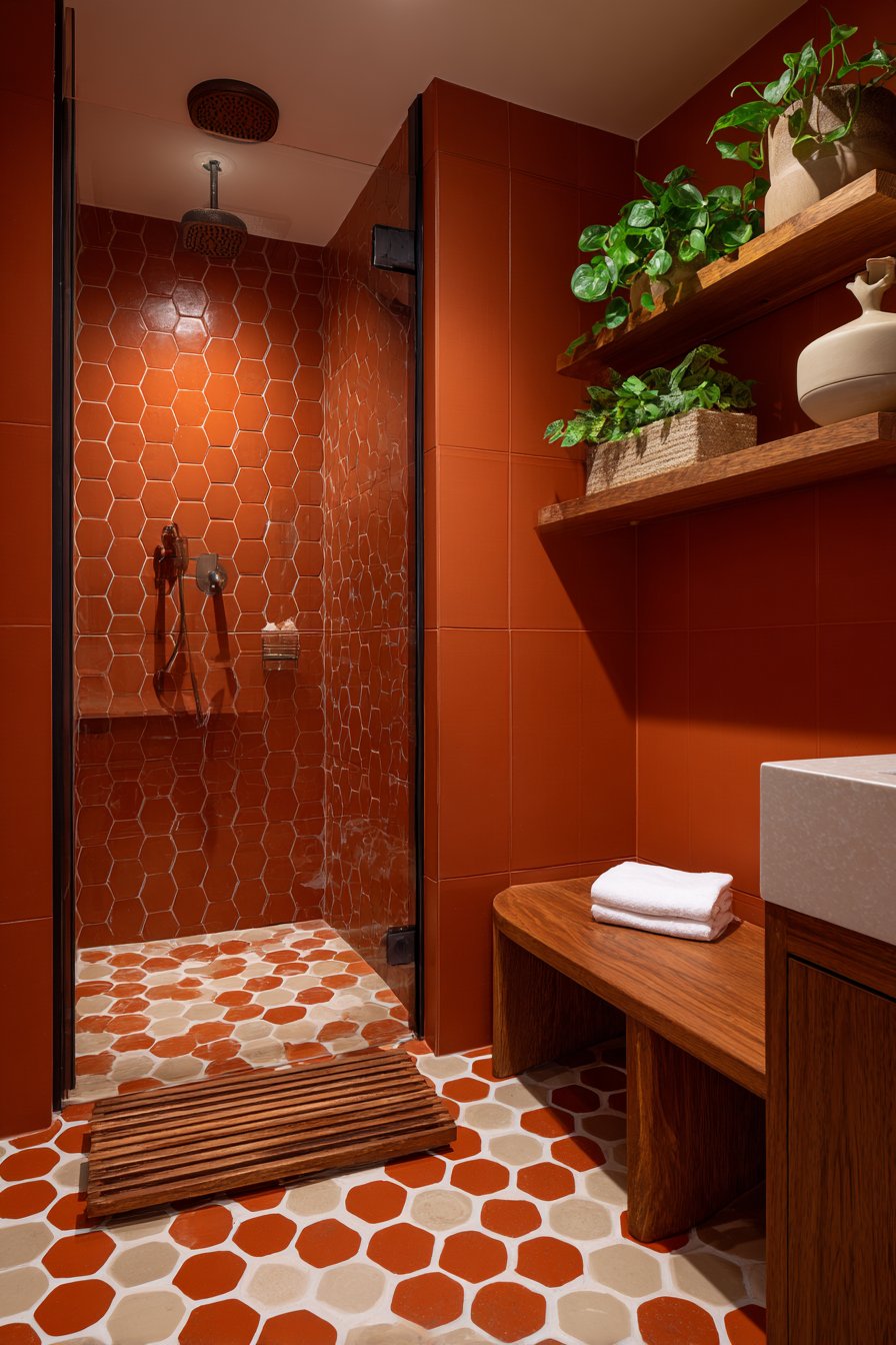 Spa-Inspired Wet Room with Penny Tile Flooring