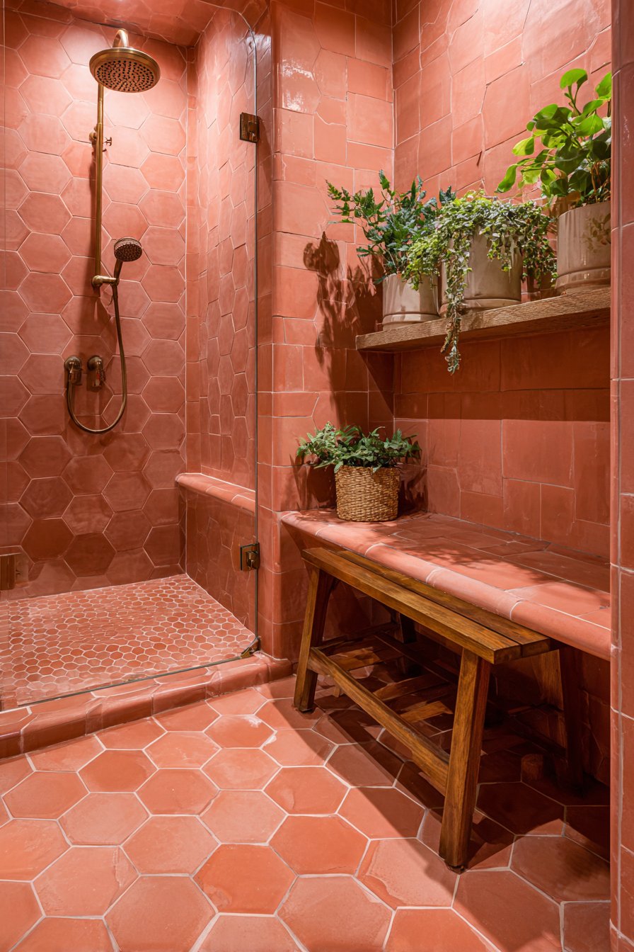 Spa-Inspired Wet Room with Penny Tile Flooring